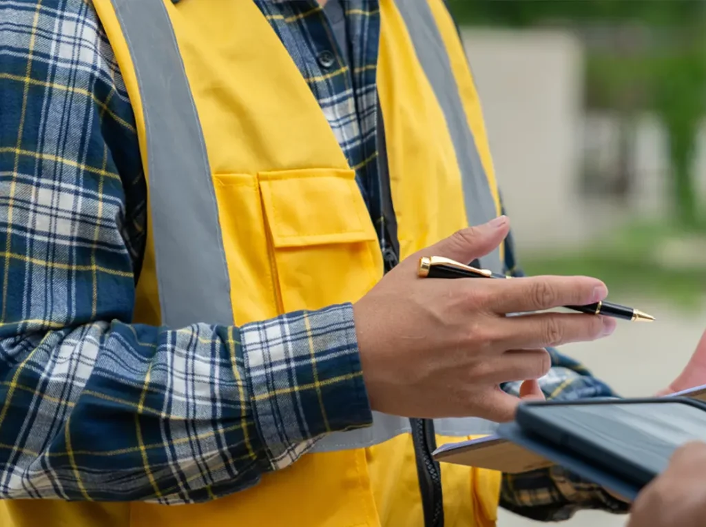 Insurance agent inspecting property exterior for coverage assessment