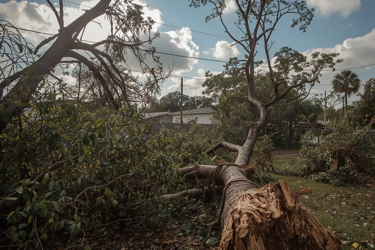 Yard debris cleanup after storm damage