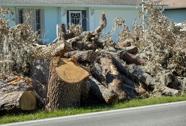 Piles of chopped wood and tree stumps in a grassy yard, with a blue house in the background