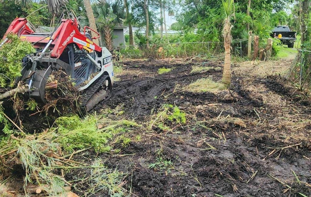 A small skid steer loader clears fallen branches and debris from a muddy, partially cleared yard surrounded by trees and vegetation.