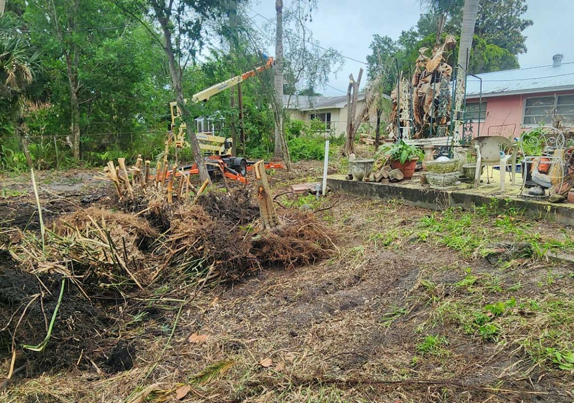 A backyard with uprooted vegetation and exposed soil; a tractor is parked near a pile of debris, and garden furniture sits by potted plants next to a house.